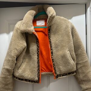 Olivaceous Sherpa Jacket with Orange and Leopard Accents - size small